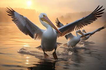 Photo of a group of pelicans gliding gracefully over the water. Generative AI - Powered by Adobe