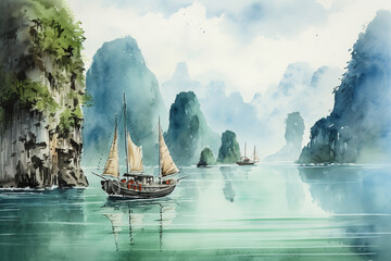 Ha Long Bay Vietnam in watercolor painting - obrazy, fototapety, plakaty