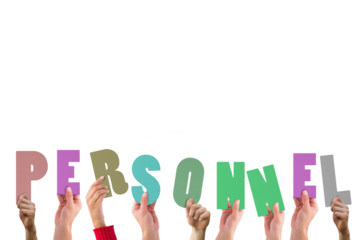 Digital png illustration of hands with personnel text on transparent background