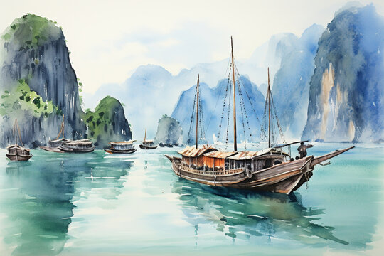 Ha Long Bay Vietnam in watercolor painting