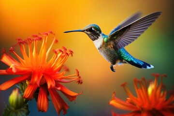Photo of a hummingbird hovering near a vibrant flower. Generative AI