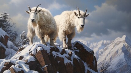 A pair of mountain goats precariously perched on a snowy cliff, their daring climb showcased in the...
