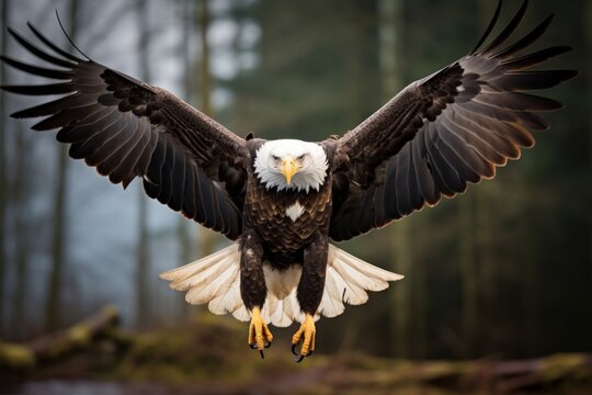 Photo of a majestic bald eagle in flight. Generative AI