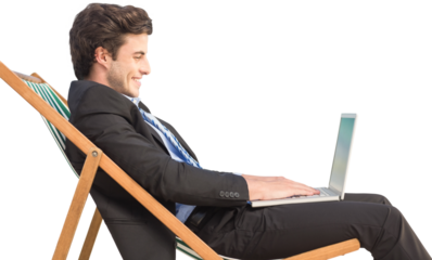 Digital png photo of happy caucasian businessman using laptop on transparent background