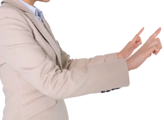 Fotobehang Aziatische plekken Digital png photo of asian businesswoman touching virtual screen on transparent background