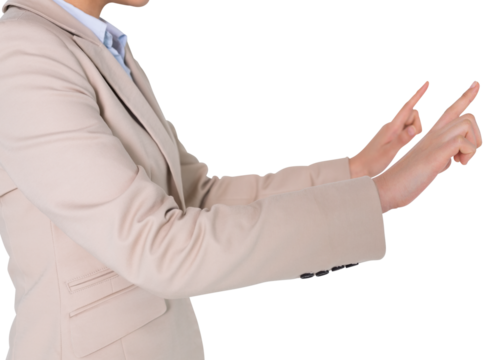 Digital png photo of asian businesswoman touching virtual screen on transparent background - Powered by Adobe