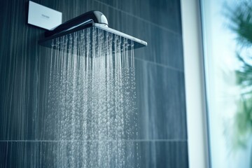 Close up of Water flowing from shower in the bathroom interior. Water spills from the shower. - obrazy, fototapety, plakaty