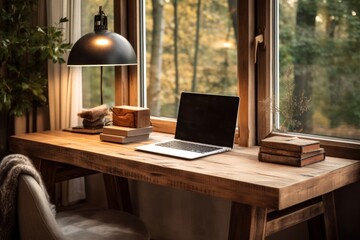 Photo of a rustic, wooden desk in a cozy home office. Generative AI - Powered by Adobe