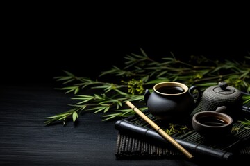 Asian tea concept, black cups of tea, teapot, tea set