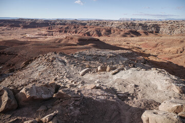 Fototapeta na wymiar Moab Utah desert landscape with rocky buttes with dirt bike trail
