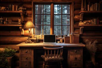 Photo of a rustic, wooden desk in a cozy home office. Generative AI