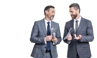 businessmen with money isolated on white. businessmen invest money in business. successful business brings money. successful business men investors in suit. financial investment. advertisement