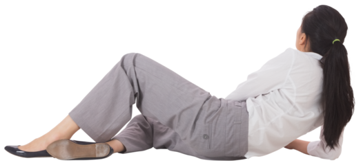Digital png photo of back of biracial businesswoman lying on transparent background