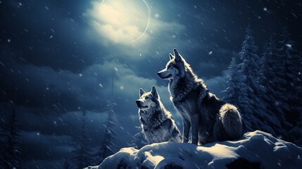A pair of wolves silhouetted against a snowy moonlit night, their presence mysterious and captivating. - obrazy, fototapety, plakaty