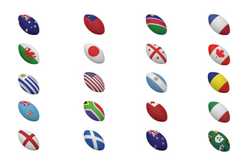 Digital png illustration of rugby balls with flags on transparent background