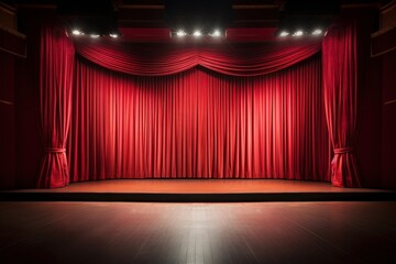 Photo of a well-lit, empty theater stage with a red curtain. Generative AI