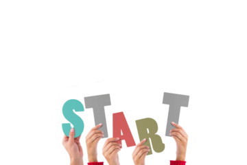 Digital png illustration of hands with start text on transparent background