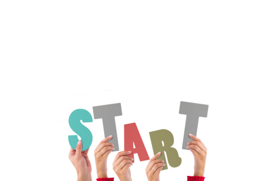 Digital png illustration of hands with start text on transparent background - Powered by Adobe
