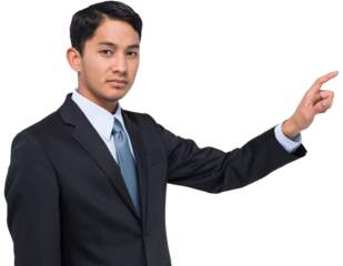 Digital png photo of biracial businessman pointing on transparent background
