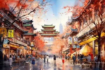 Beijing China in watercolor painting