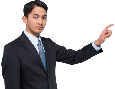 Digital png photo of biracial businessman pointing on transparent background