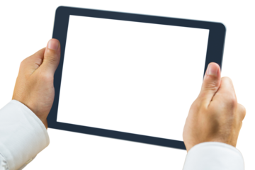 Digital png photo of hands of caucasian businessman holding tablet on transparent background