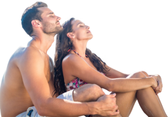 Digital png photo of caucasian couple in swimsuits sunbathing on transparent background