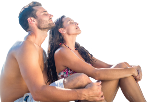 Digital png photo of caucasian couple in swimsuits sunbathing on transparent background - Powered by Adobe
