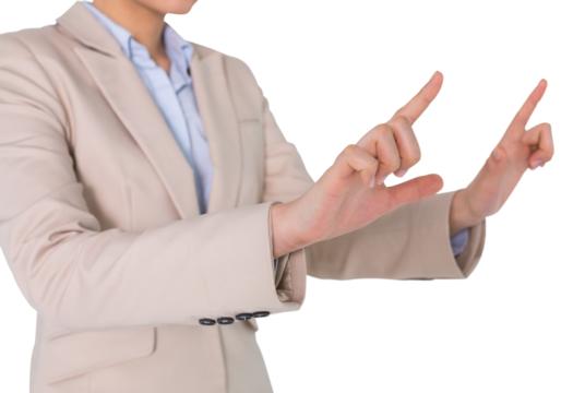 Digital png photo of midsection of asian businesswoman pointing on transparent background