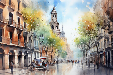 Barcelona Spian in watercolor painting - obrazy, fototapety, plakaty