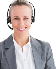 Digital png photo of happy caucasian businesswoman with headphones on transparent background