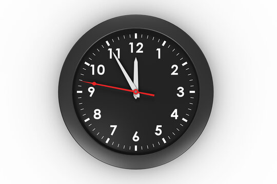 Digital png illustration of black clock with white and red clock hands on transparent background