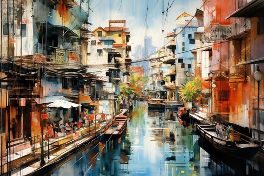 Bangkok Thailand in watercolor painting