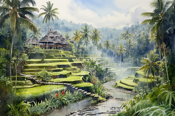 Bali Indonesia in watercolor painting