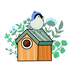 Hand drawn cute bird with house, vector illustration art.