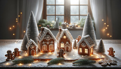 Festive Gingerbread House Village on Table