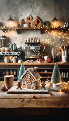 Gingerbread House on Cafe Counter with Christmas Decor, festive coffeeshop