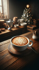 Festive Cappuccino with Snowflake Latte Art Design, Christmas Coffee