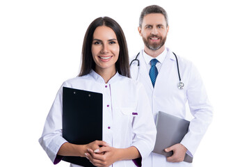 two doctors internist in medicine service. Health insurance. healthcare and medicine. Medicine doctor hold clipboard. medical and healthcare workers in hospital isolated on white - obrazy, fototapety, plakaty