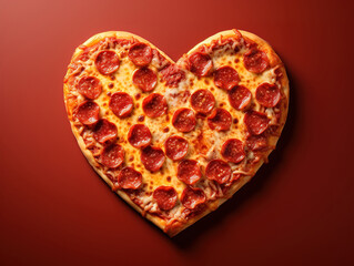 Pizza heart shaped on red. Generative Ai