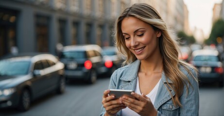 A young woman, gracefully using her smartphone in the city, perfect for modern lifestyle, connectivity, and casual business concepts