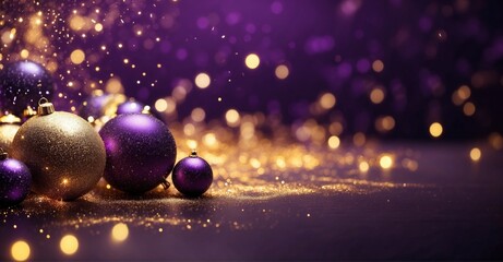 Abstract New Year's Eve background featuring dazzling gold and deep violet fireworks with bokeh effects, providing ample copy space for holiday greetings