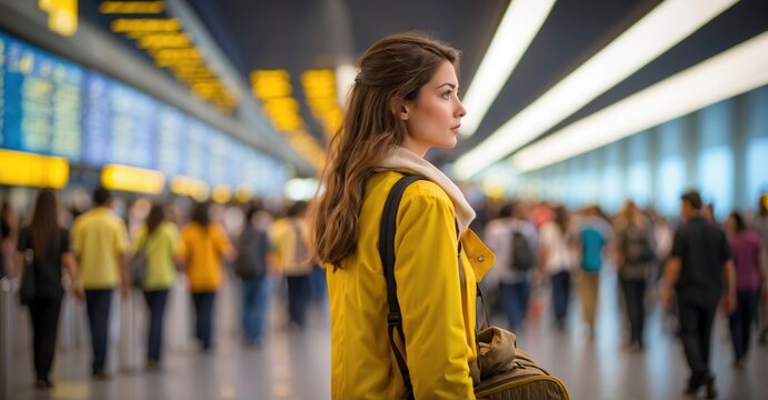 Amidst the hustle of an international airport, a young lady gazes at the flight information board, tightly gripping a vibrant yellow suitcase, confirming her travel plans