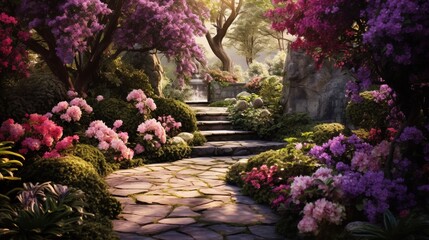 a serene garden with flowers that change color from deep violet to soft lilac as they bloom.