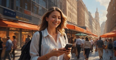 Dynamic cityscape featuring a young woman's cheerful smartphone usage, emblematic of the interconnectedness and casual business practices characterizing modern urban life