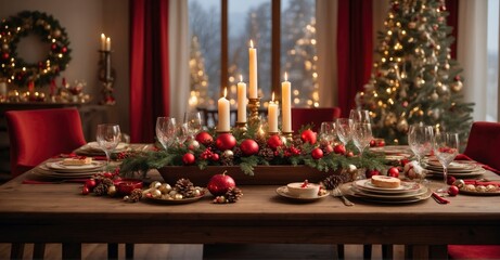  In anticipation of festive gatherings, an unoccupied wooden table stands gracefully against a backdrop adorned with Christmas motifs, signaling the arrival of joyous celebration