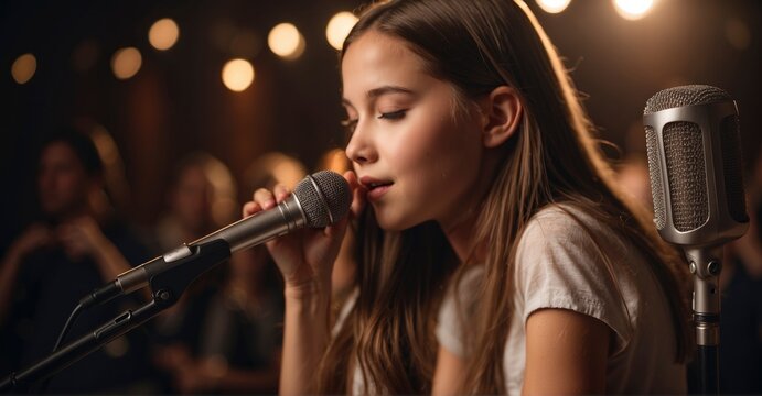 The promising journey of a solo musician unfolds on stage, where a talented girl with a microphone in hand exhibits her vocal skills, embodying the concept of vocal training and artistic development