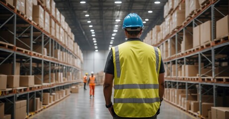 Within the realm of fulfillment logistics, a retail warehouse backdrop unfolds with a worker in vest and helmet, illustrating the dynamic and organized processes that drive effective order completion