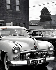 Community Car Wash Circa 1950's, Retro, With Generic Cars And Simulated Film Of The Era