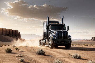 "Black Semi Truck on White Background: Digital Rendering